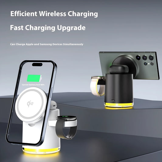 C16 portable magnetic three-in-one wireless folding charger in black and ivory white colours.