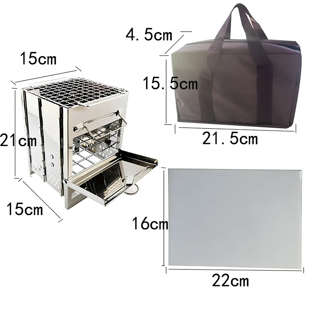 Silver portable folding stainless steel camping stove unfolded to 21x15x15cm with 15x15cm grill for wood and charcoal