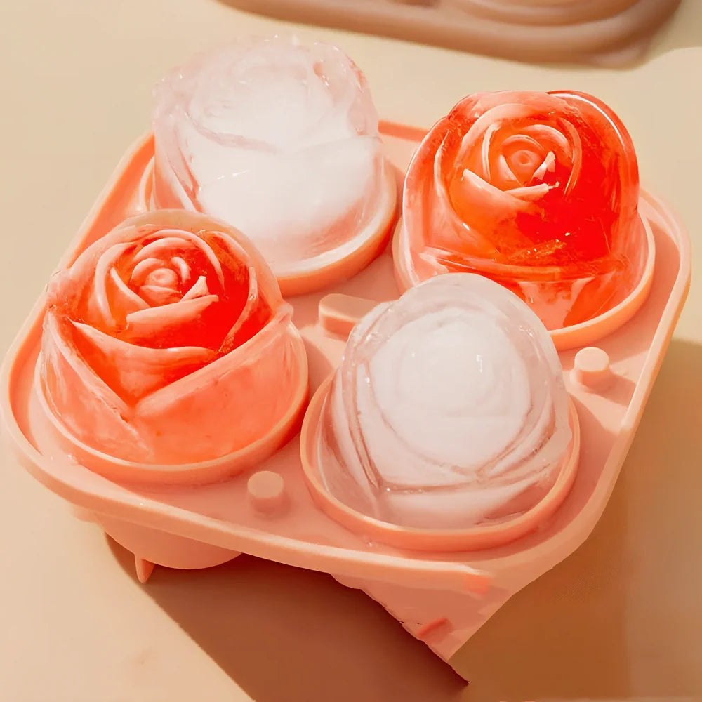 Orange silicone ice mould with 2.5-inch rose shapes and built-in filling funnel
