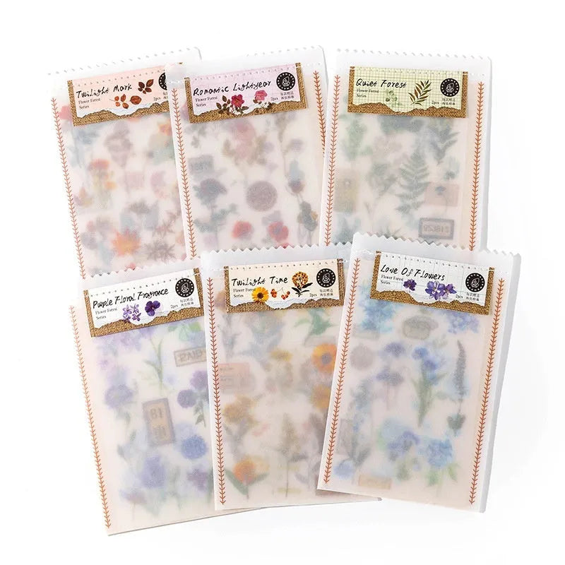 Art style forest label sticker material pack with transfer paper and cotton linen sheets in literature style forest designs measuring 85 x 180mm, includes 2 transfer sheets and 2 cotton linen sheets with six nature-inspired colour options