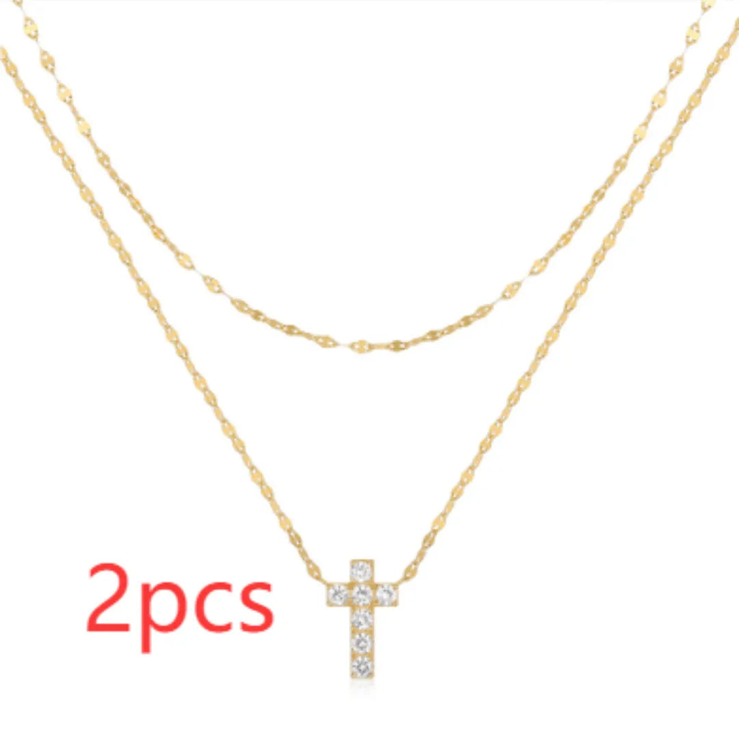 S925 sterling silver double layer twin diamond cross pendant on adjustable 40-45cm chain