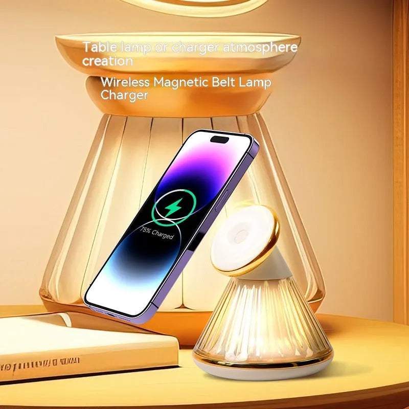 Night table lamp with integrated wireless charging seat in champagne gold or metallic gun colour finish
