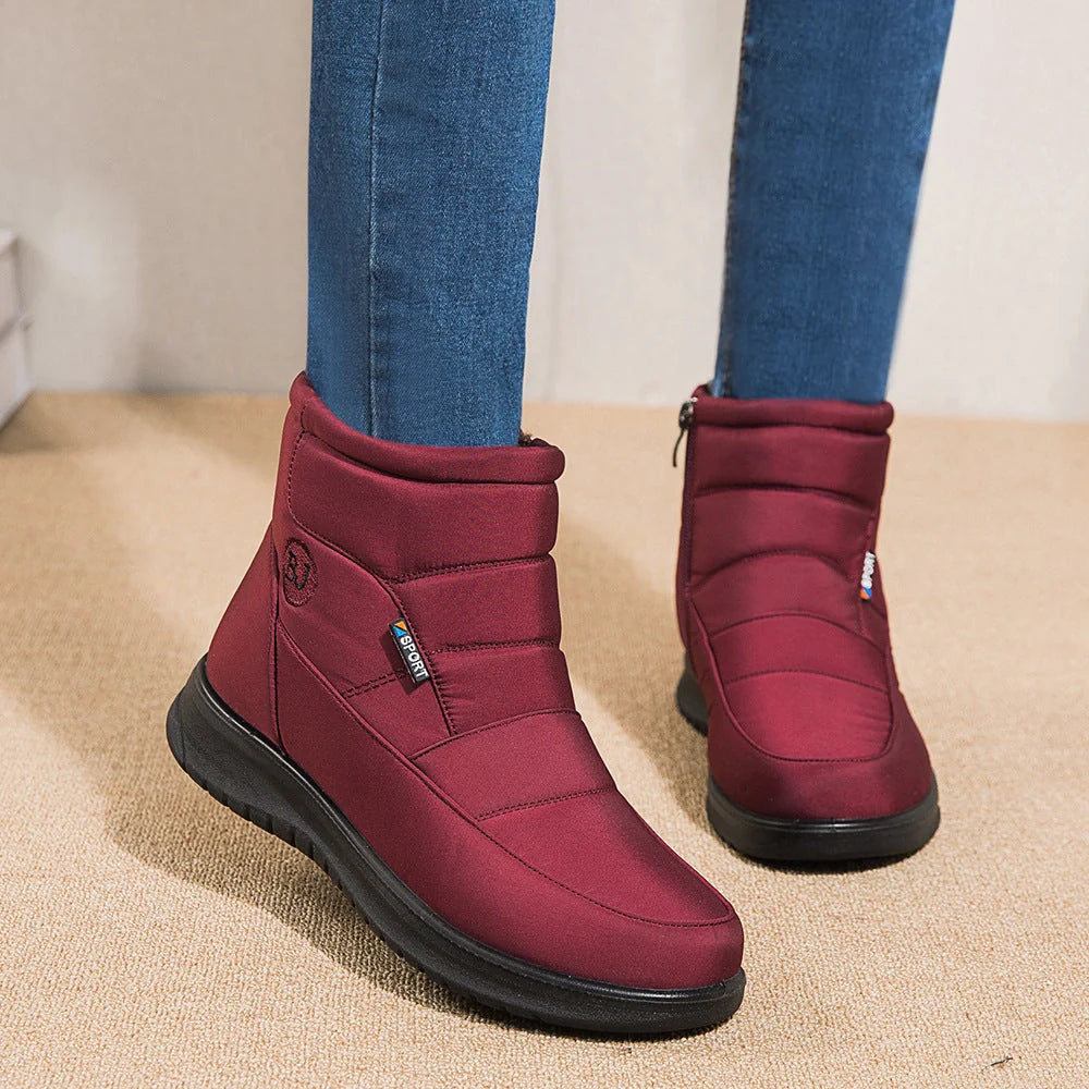 Women's waterproof non-slip winter ankle boots in red, black, and brown