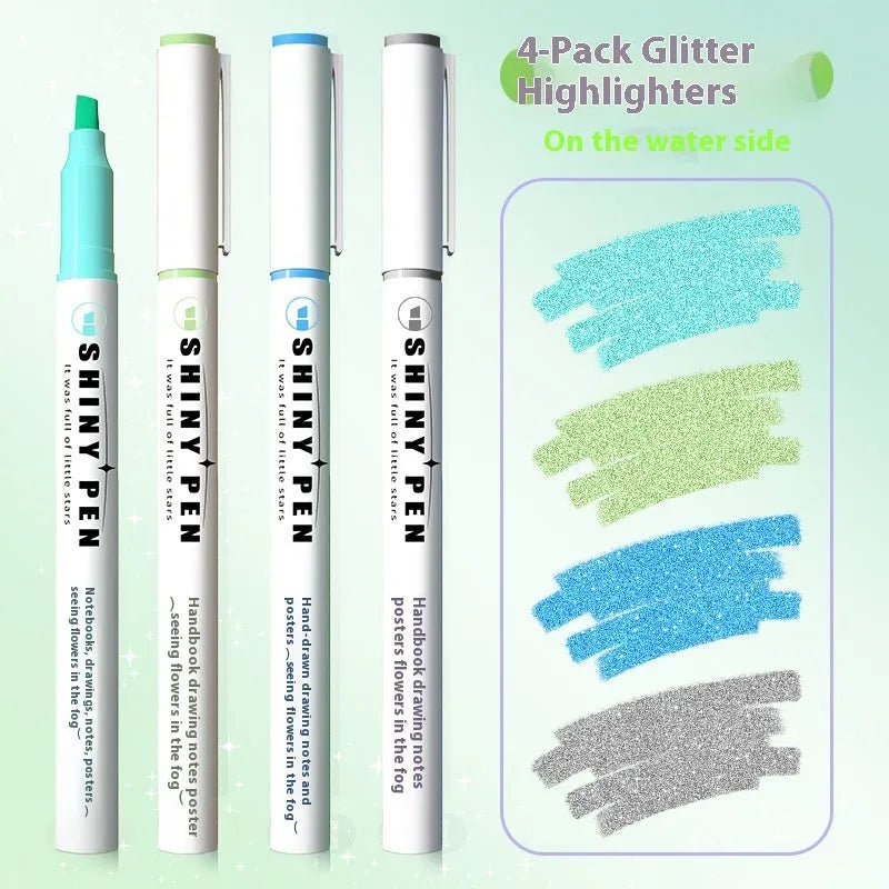 Sparkling Star River Highlighter set with 4mm slanted tip and glitter ink in six shades including taro puff and mung bean smoothie.