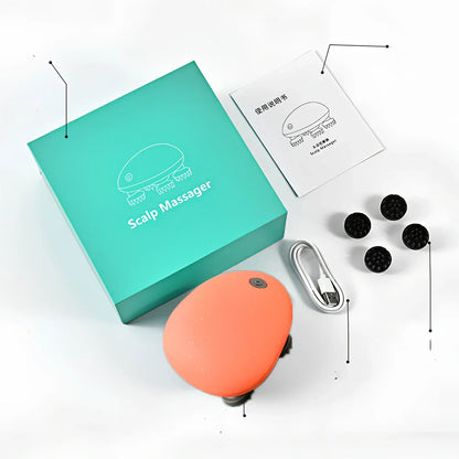 Automatic scalp massager with 8 blue silicone heads arranged in circular pattern on white background