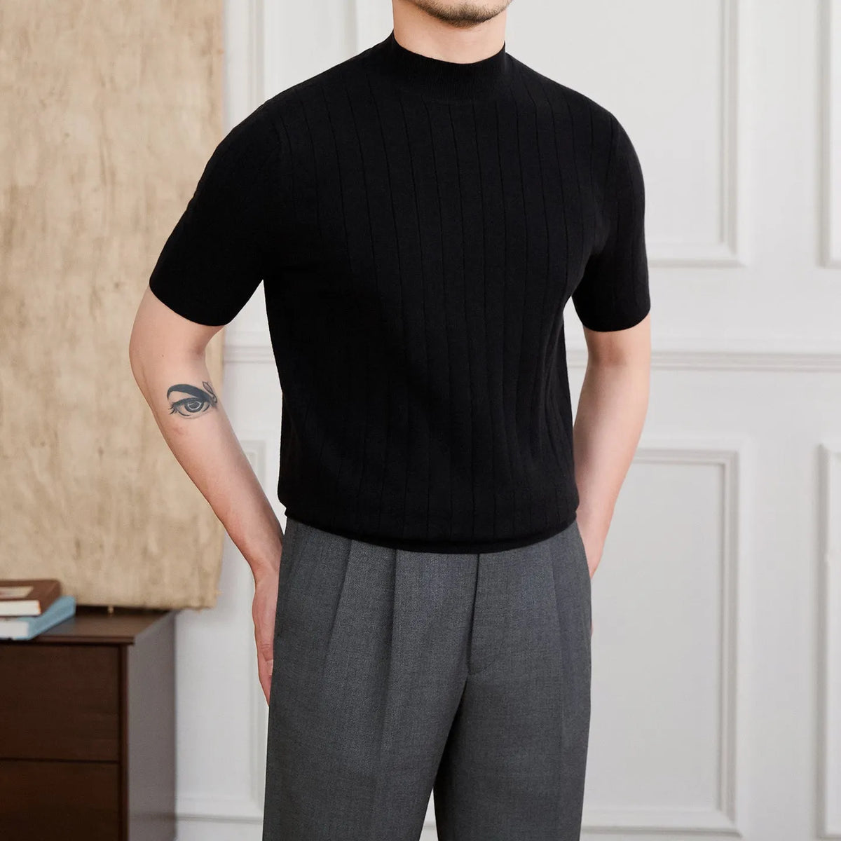 Half turtleneck wool knitted short sleeve T-shirt in black, white or chocolate, sizes M to 2XL, five-fibre blend
