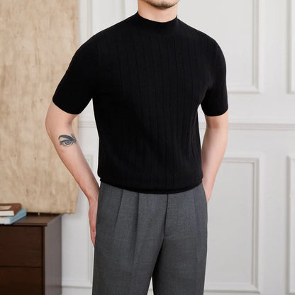 Half turtleneck wool knitted short sleeve T-shirt in black, white or chocolate, sizes M to 2XL, five-fibre blend