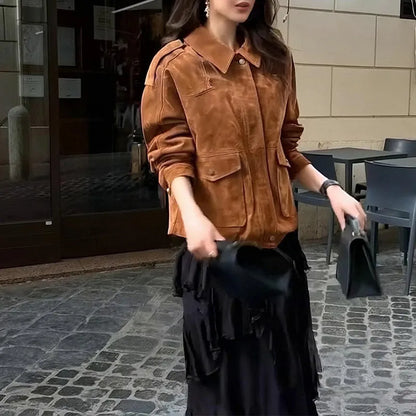 Women's suede coat in bright brown with regular sleeves, street-chic design, sizes S to 3XL