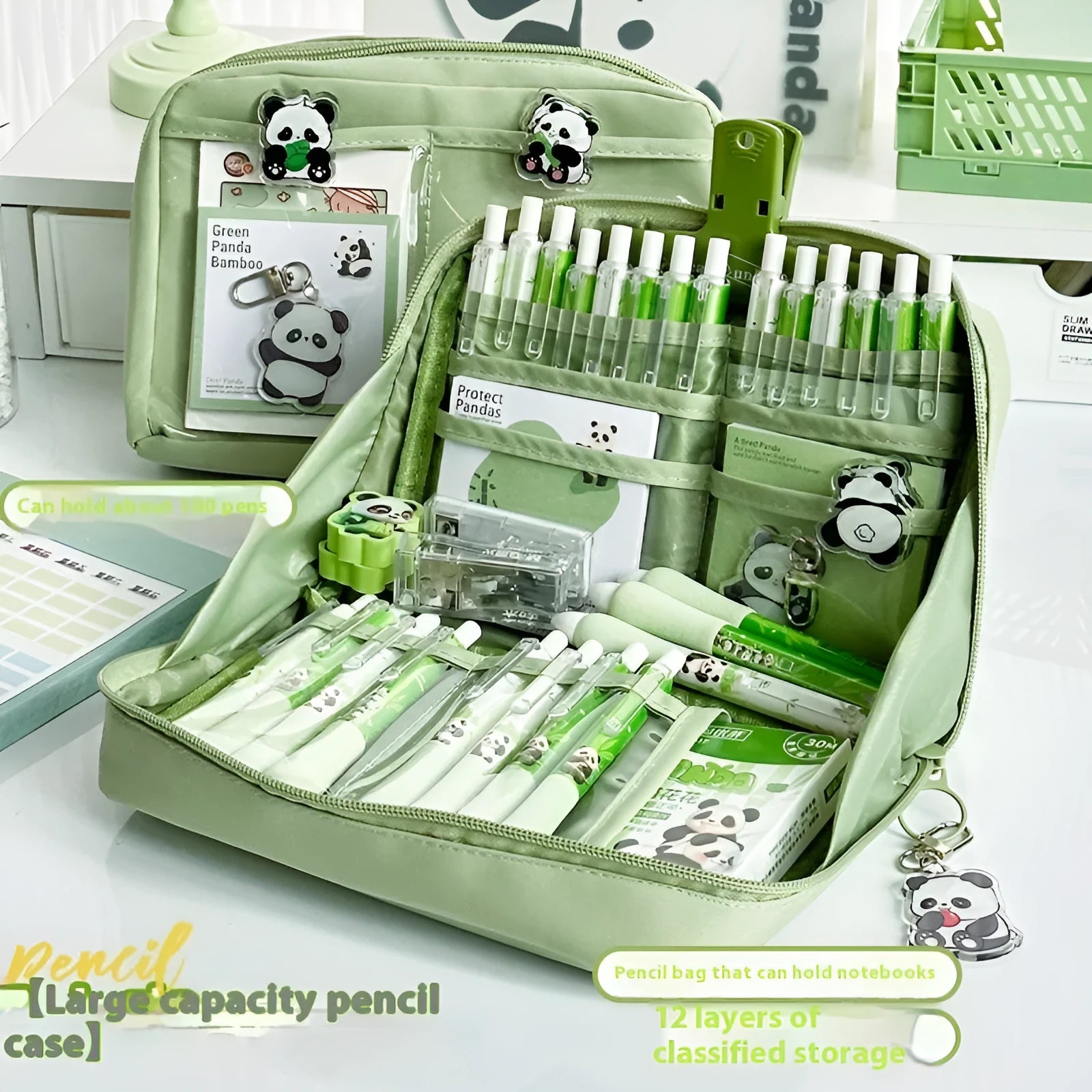 Green canvas pencil case with panda design featuring 12 storage layers for stationery organisation