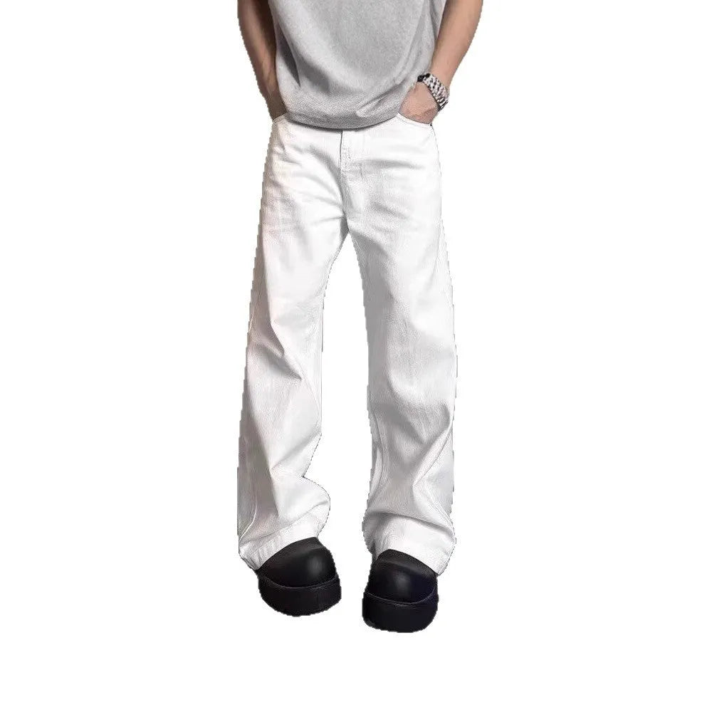 Men's straight-leg white jeans with mid-waist design and non-ironing cotton denim fabric