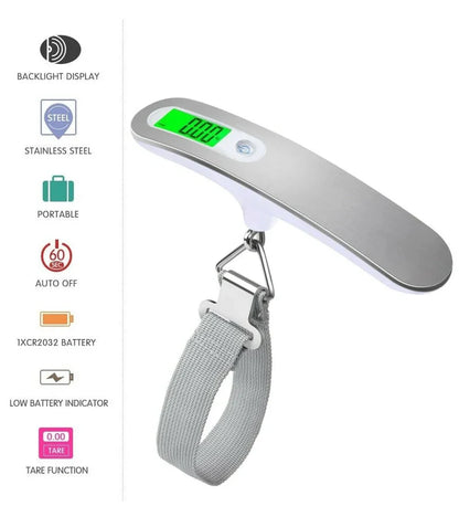Silver digital luggage scale with LCD display showing weight measurement and integrated hanging belt