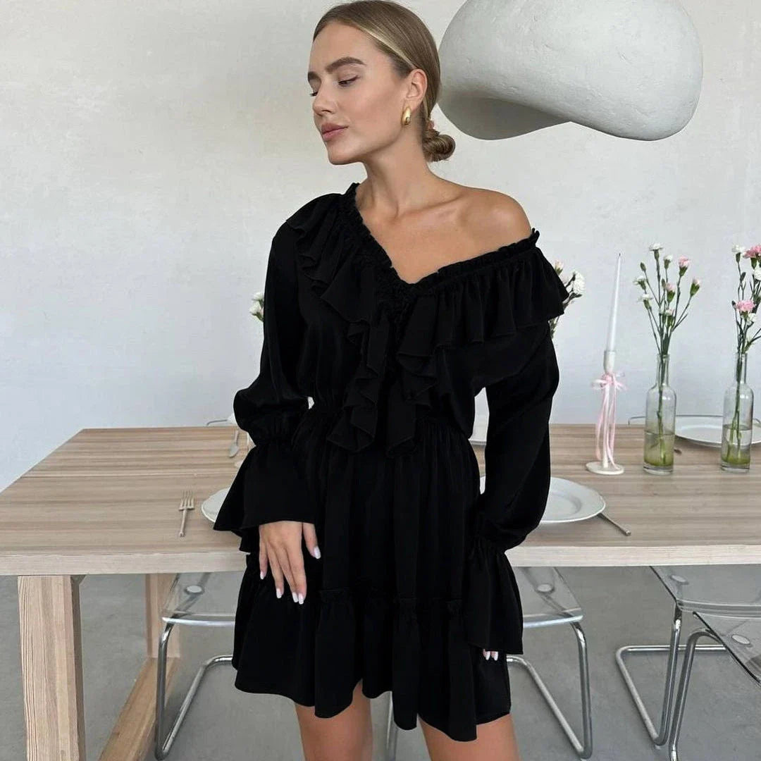 Stylish Y2K-inspired dress with pleated ruffles, flared sleeves, and a variety of vibrant color options