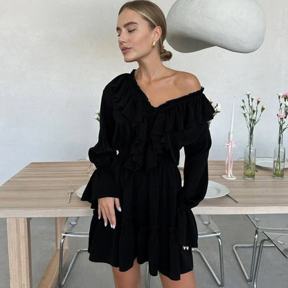 Stylish Y2K-inspired dress with pleated ruffles, flared sleeves, and a variety of vibrant color options