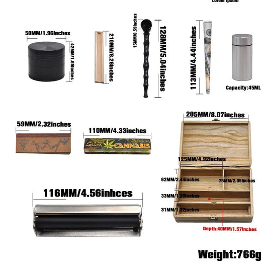 Wooden smoking set kit with khaki finish and 205mm storage box containing complete tool collection