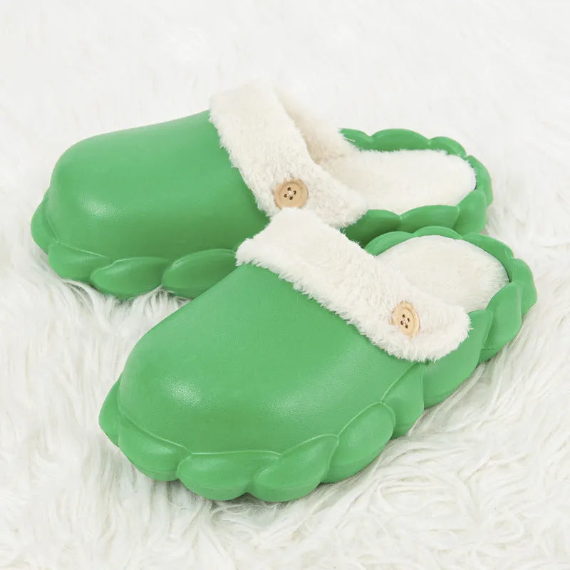Waterproof EVA winter slippers with plush lining, detachable overshoes in pink, yellow, green, grey, black.