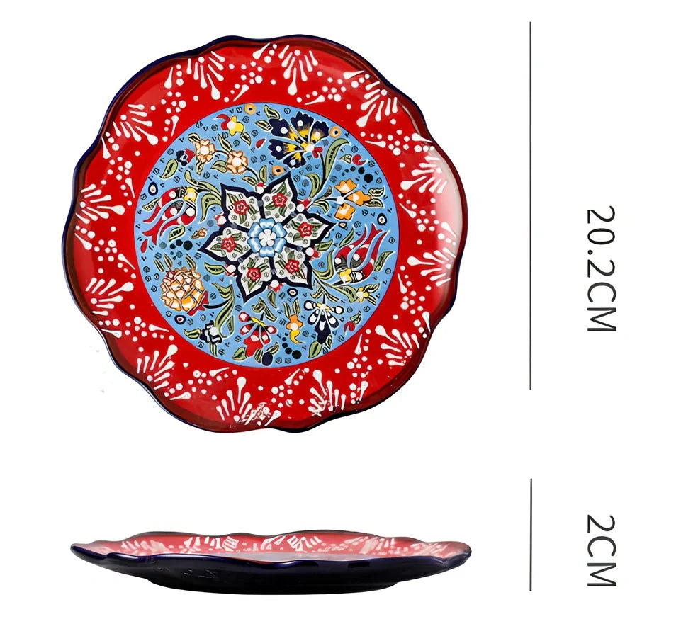 Underglaze ceramic bowl with Bohemian floral pattern in blue mandarin duck design, 8 inch diameter