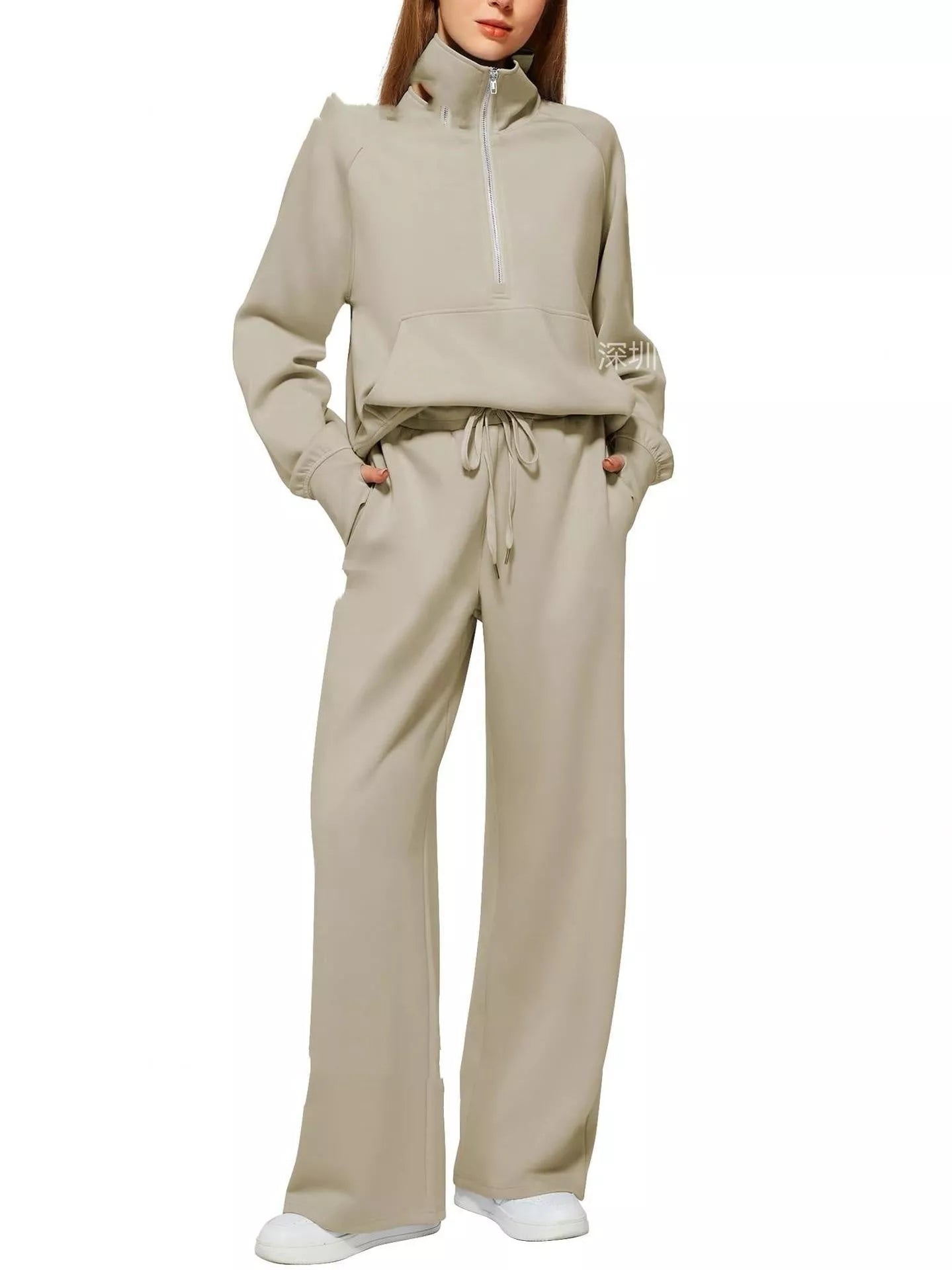 Women's solid color long-sleeved sweater trousers suit in polyester, available in multiple colors
