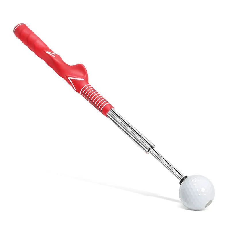 Golf telescopic swing simulator with adjustable stainless steel shaft and weighted head in black, blue, or red colours