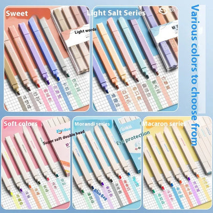 Double-headed fluorescent marking pens showing 2.5mm and 5mm tips with Sweet and Salt colour series options