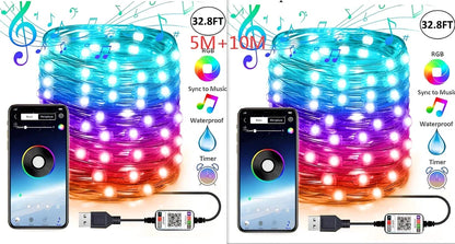 Programmable LED Christmas tree lights with app control showing custom colour animations on festive tree