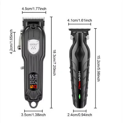 Black plastic USB rechargeable hair clipper set with LED display and adjustable blades.