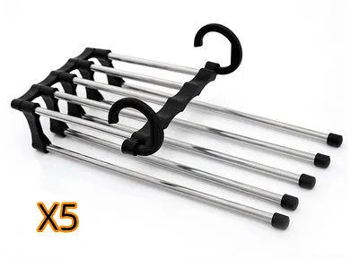Five-boom stainless steel wardrobe hanger for trousers showing both level and vertical hanging methods