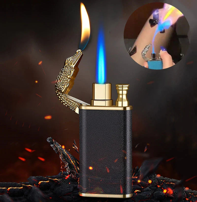 Innovative dragon and dolphin lighters with dual-flame design, made of premium metal and featuring intricately crafted mythical creature motifs.