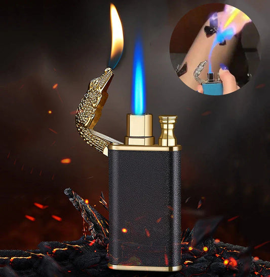 Innovative dragon and dolphin lighters with dual-flame design, made of premium metal and featuring intricately crafted mythical creature motifs.