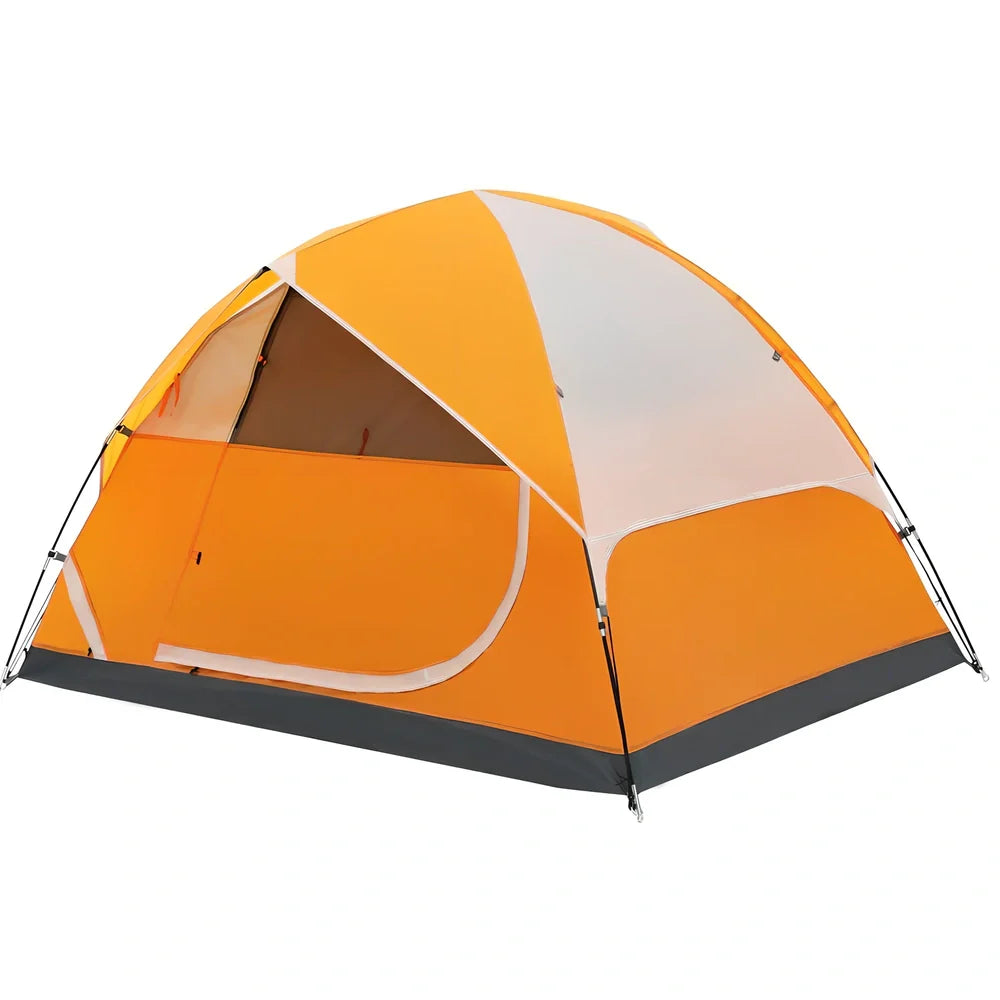 Orange two-person hiking tent with fiberglass poles showing 213cm length and waterproof construction