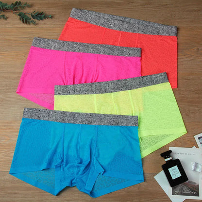 Men's seamless lace boxer briefs in low-waist design with thin transparent fabric