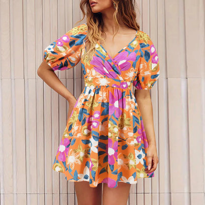 Floral lantern sleeve dress in various vibrant colors, perfect for summer vacations and beach activities