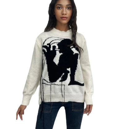 Women's grey alpaca wool sweater with abstract pattern and tassel design on regular sleeves