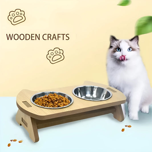 Wooden elevated cat feeder with two stainless steel bowls for food and water.