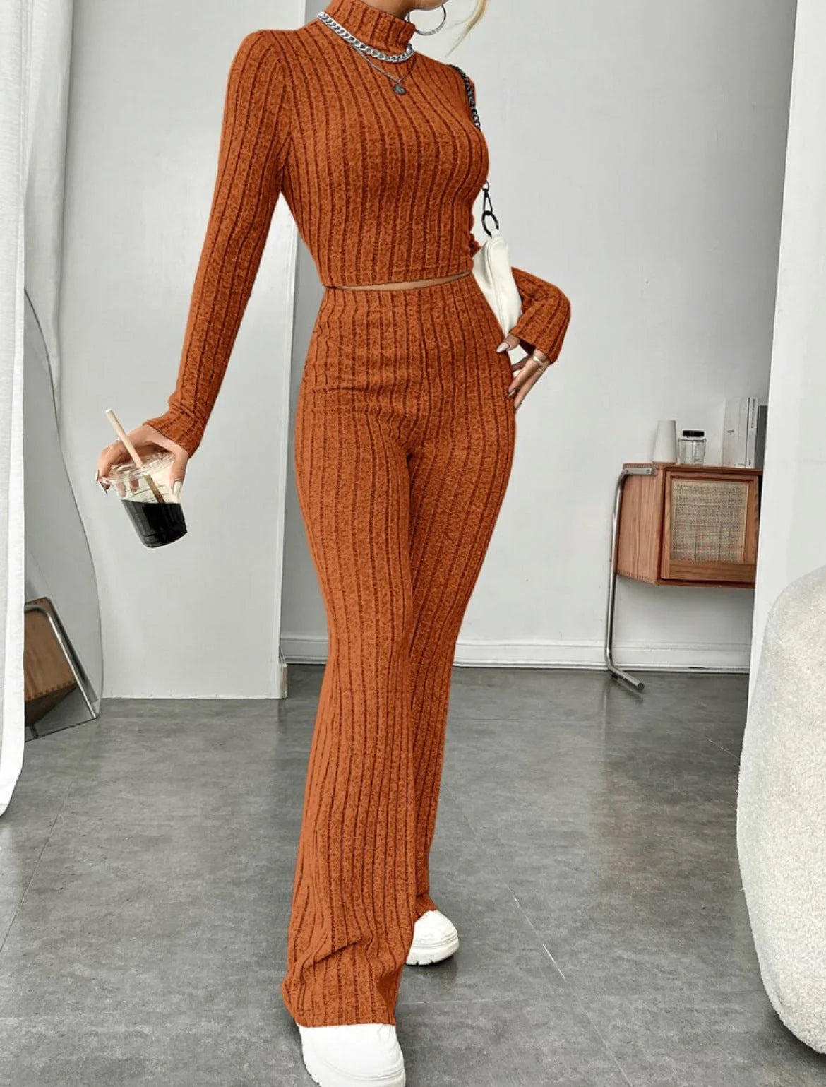 Women's cotton long sleeve turtleneck and wide leg high waist trousers set in various colors