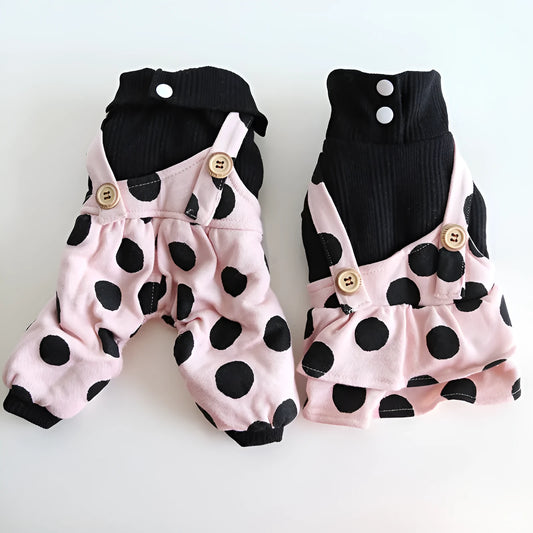 Casual lapel shoulder strap dog clothes in cloth material, showing four-legged and skirt style options.