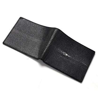 Genuine pearl fishskin leather short wallet with horizontal suitcase shape and sewing thread detail.