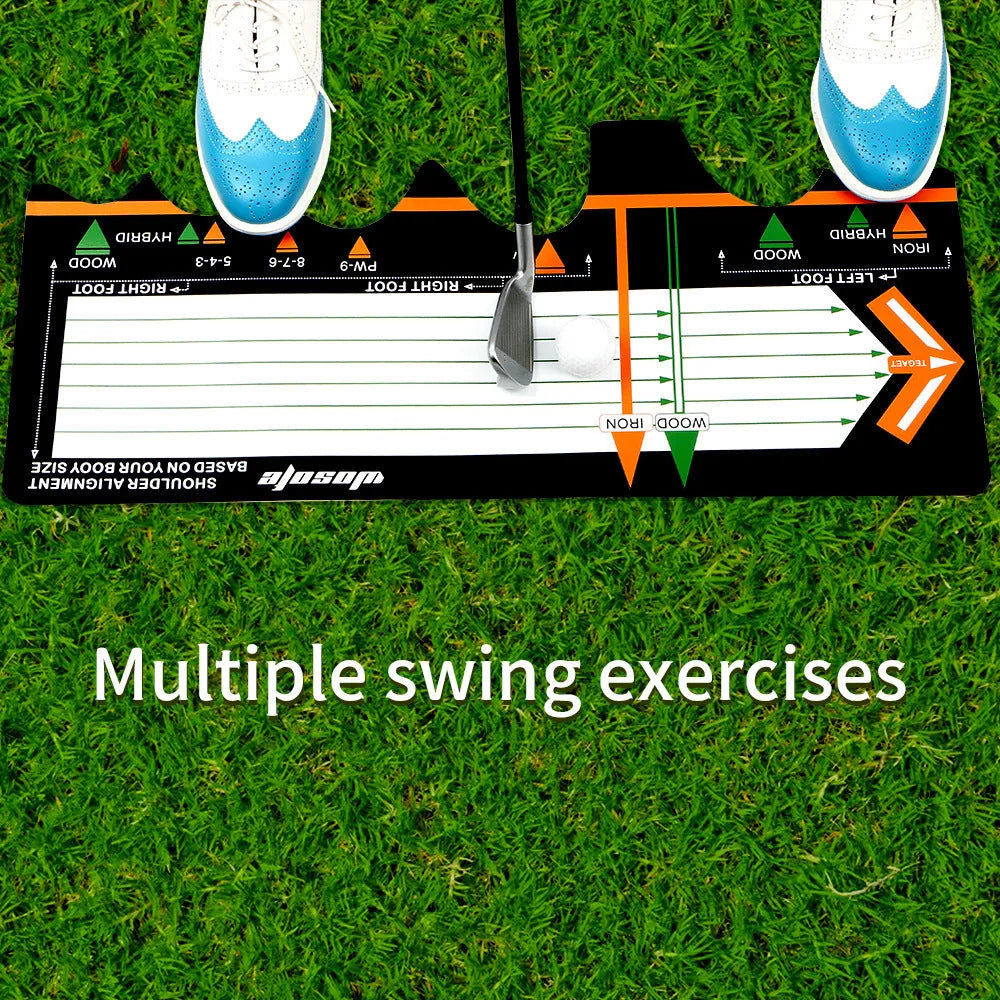 Black neoprene golf swing posture pad with directional markings on a green surface.