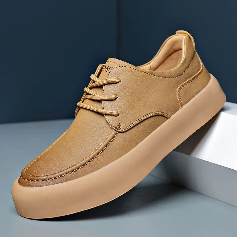 Men's brown casual lace-up platform shoes with round toe and flat heel on a white background