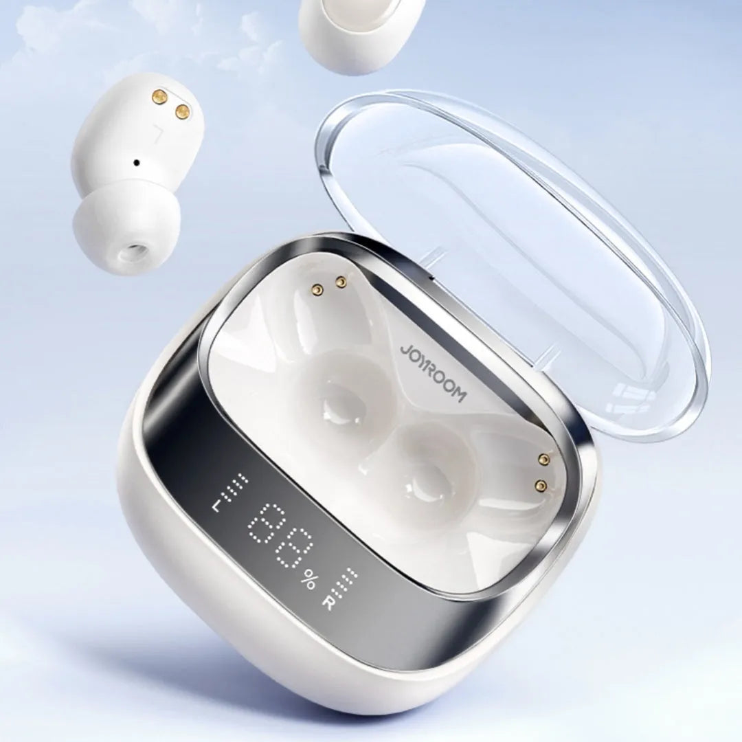 Wireless in-ear Bluetooth headset in Dawn White colour with charging case and USB cable