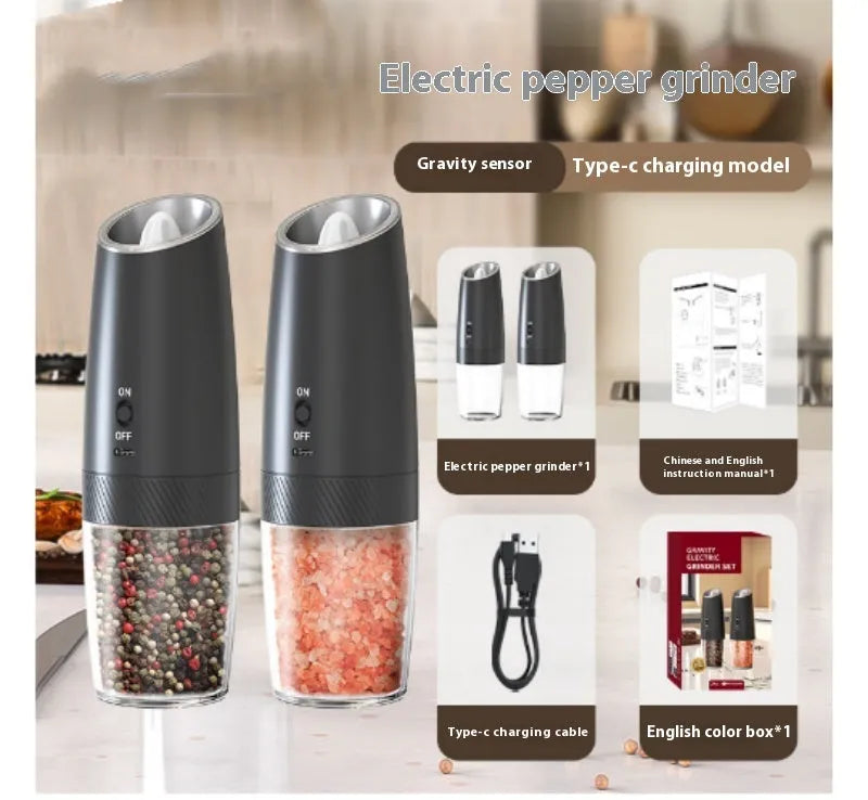 Modern electric gravity pepper grinder in matte black with adjustable ceramic mill and blue LED light on.