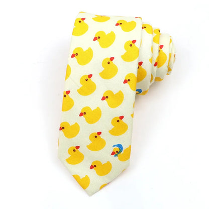 A narrow Korean-style cotton bow tie featuring a cartoon print, shown in a selection of colours.