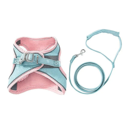 Blue and orange stitched cat harness with reflective chest strap and 1.5 metre rope