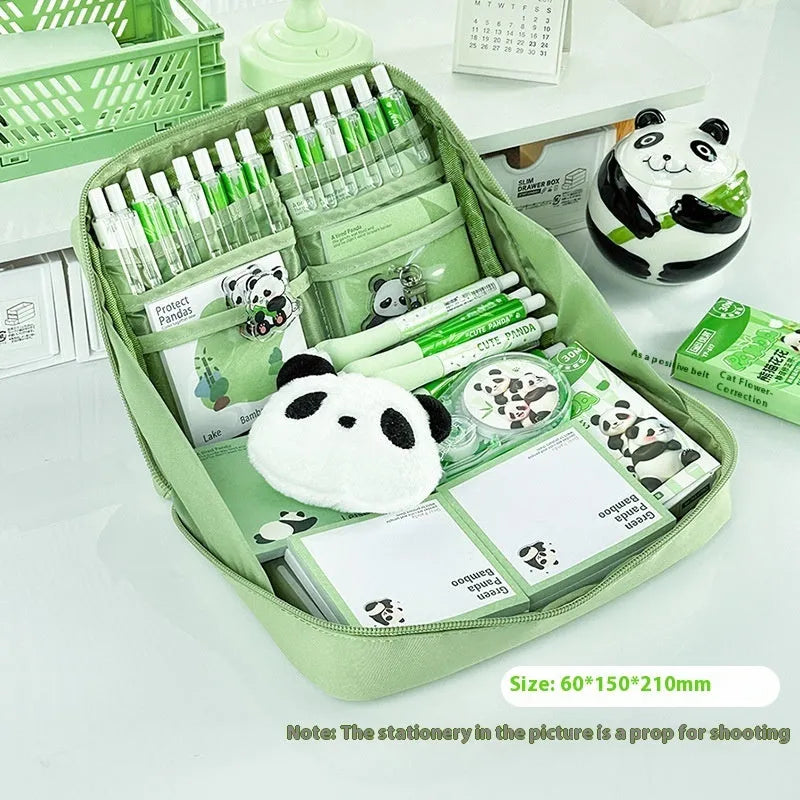 Green canvas pencil case with panda design featuring 12 storage layers for stationery organisation