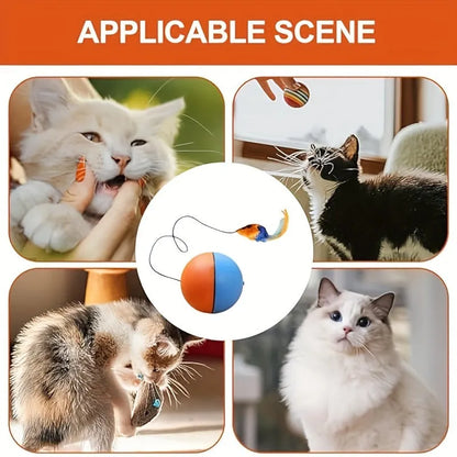 Interactive cat toy ball with blue and orange plush mouse measuring 8.5cm × 8.5cm × 9cm