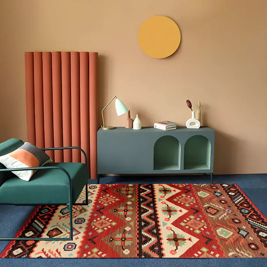 Rectangular boho-style polyester rug in various colours and sizes, machine-woven for consistent texture