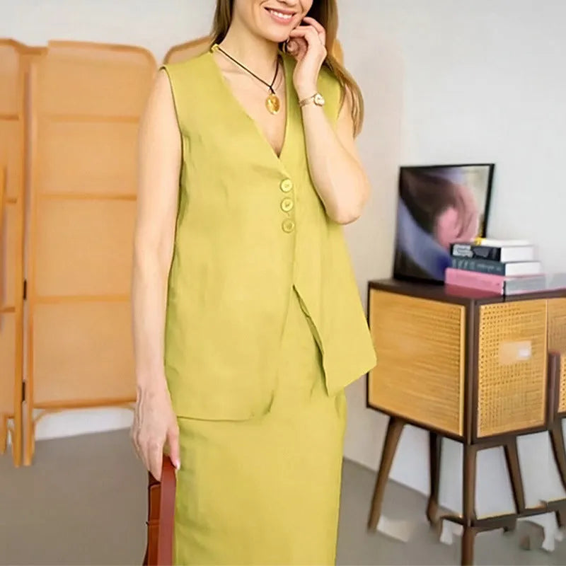 Women's casual two-piece suit with sleeveless vest and long skirt in blue colour, showing loose fit design