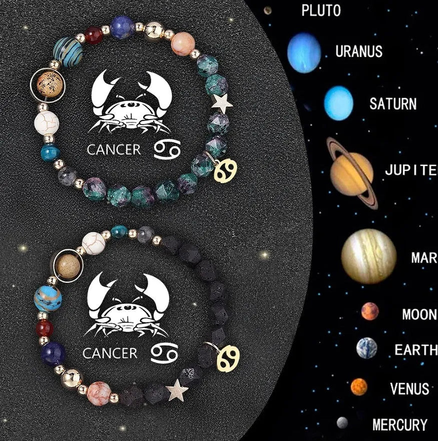 Two natural stone zodiac bracelets with adjustable cords showing sliding knot mechanism and zodiac bead details