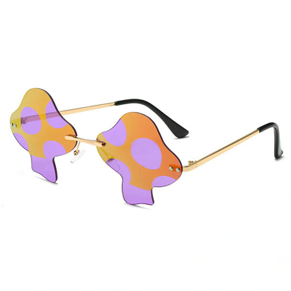 Rimless sunglasses with blue lenses and gold metal frames showing Class 3 protection and adjustable ports