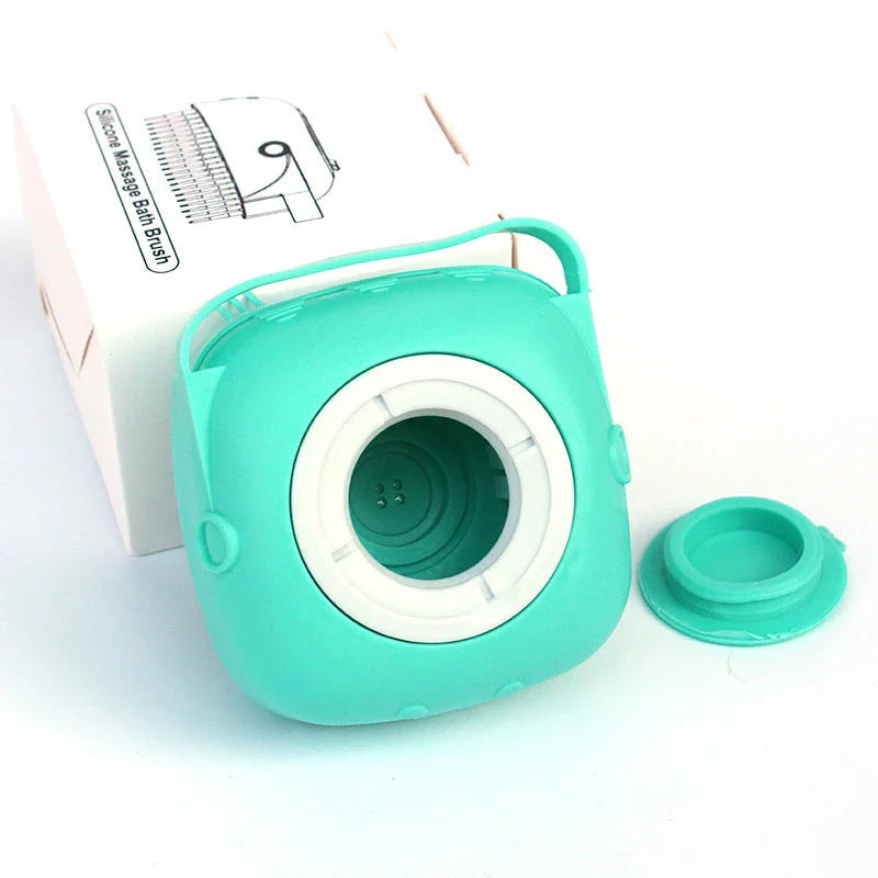 Silicone pet bath brush with shampoo dispenser, designed for gentle grooming and soothing massage