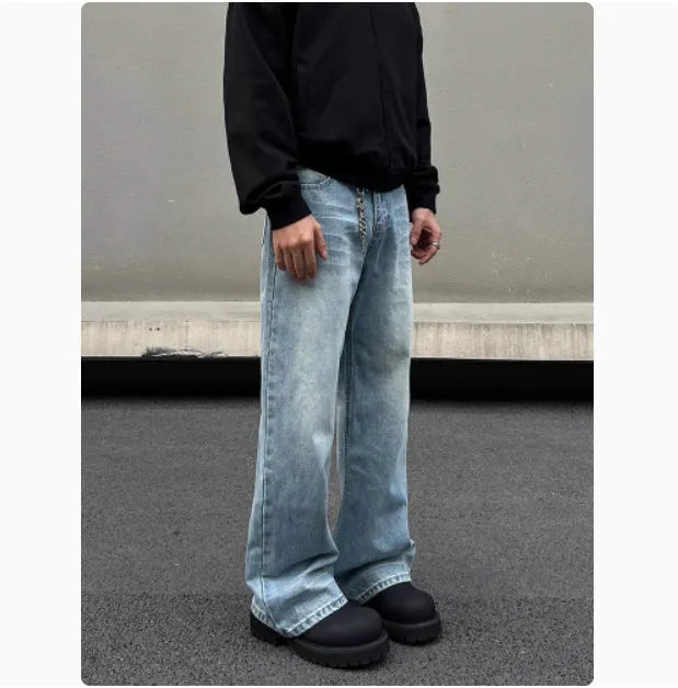 Men's blue retro straight jeans with whisker washing and flared leg detail